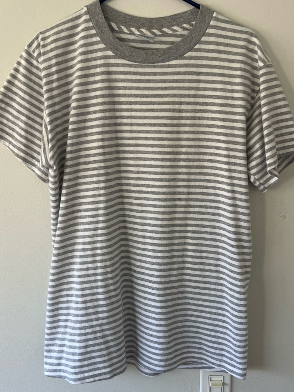 Gray and White Striped Crew Neck T-Shirt
